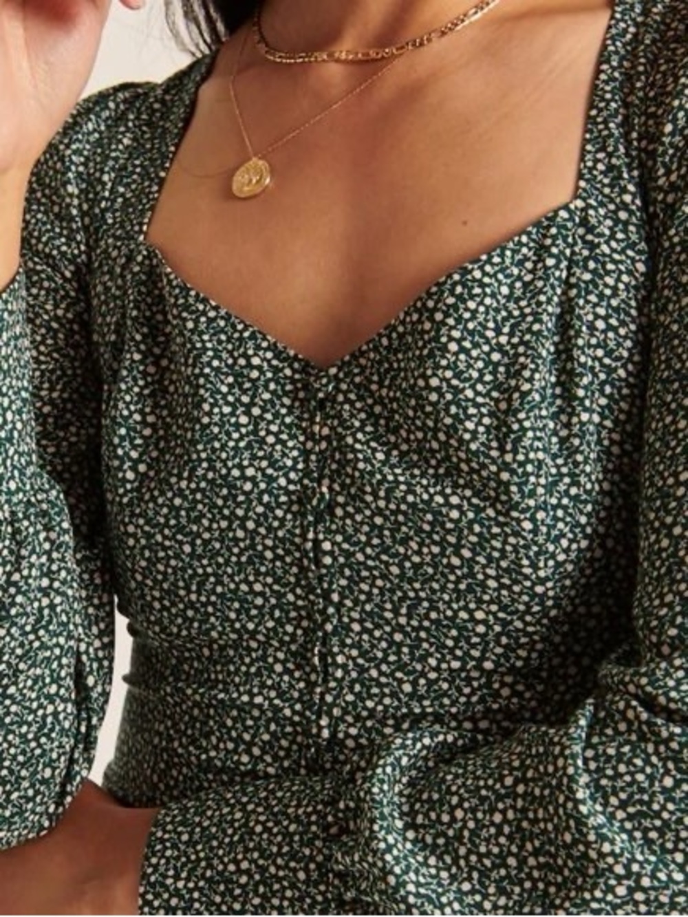 Abercrombie & Fitch XS Green Ditsy Floral Square Neck Puff Sleeve Top